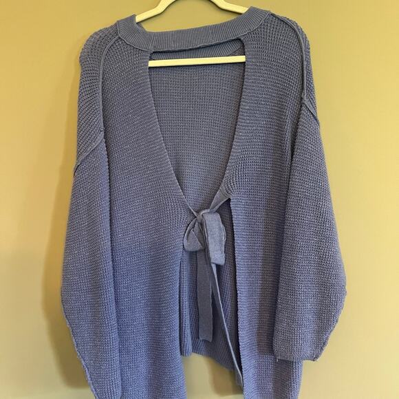Free People Tie Back Top Sweater Purple Cotton Linen Blend Women's XS Oversized - Picture 2 of 3
